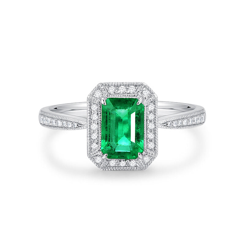 1ct Natural Emerald 18k White Gold Ring with Diamond Halo