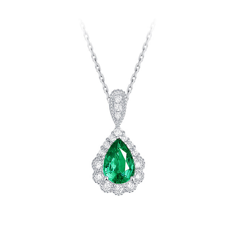 0.5ct Natural Emerald and Diamond 18k White Gold Pendant Necklace