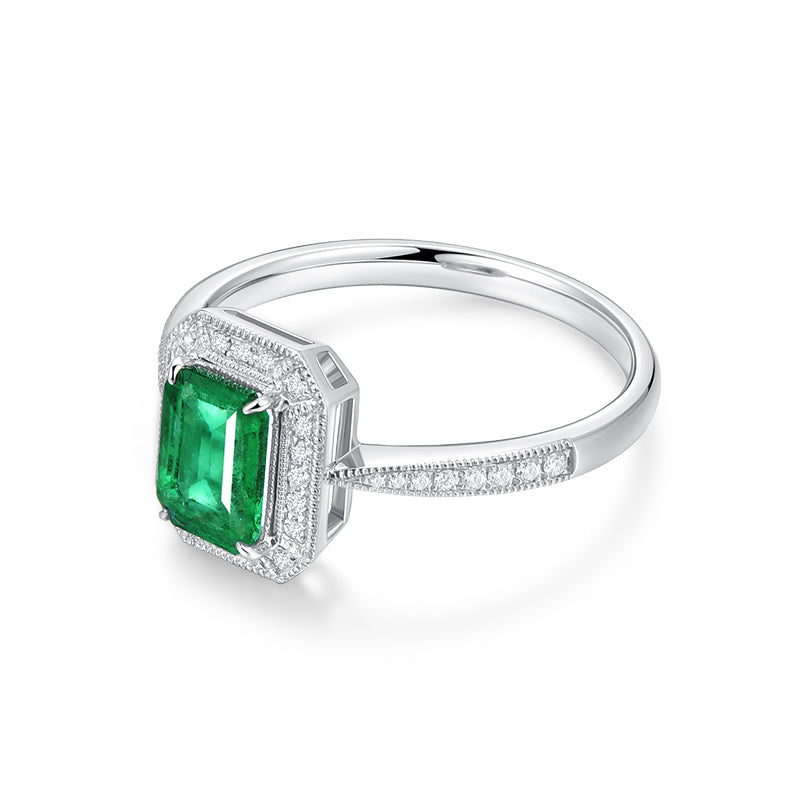1ct Natural Emerald 18k White Gold Ring with Diamond Halo