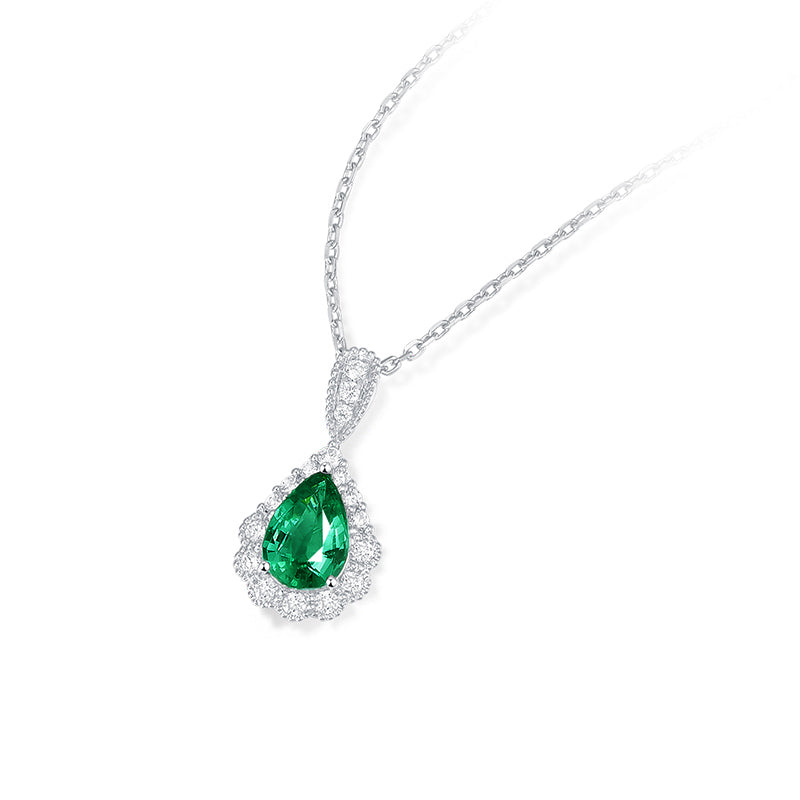 0.5ct Natural Emerald and Diamond 18k White Gold Pendant Necklace