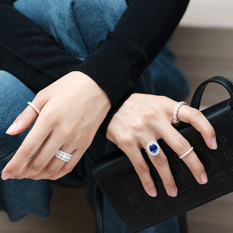 4ct Lab-Created Sapphire White 18k Gold Ring with Diamond Halo