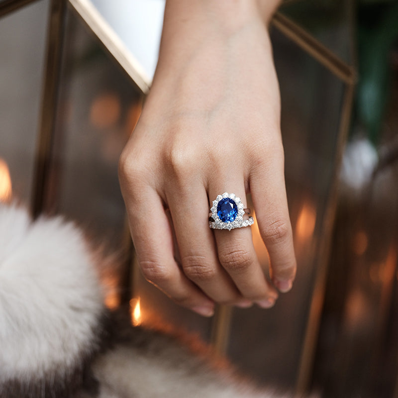 4ct Lab-Created Sapphire White 18k Gold Ring with Diamond Halo