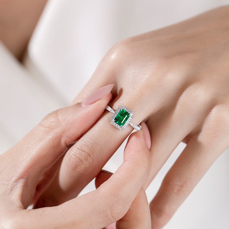 1ct Natural Emerald 18k White Gold Ring with Diamond Halo