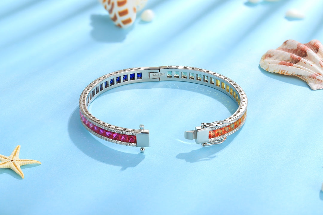 925 Silver Bracelet with Lab-Created Rainbow Sapphires