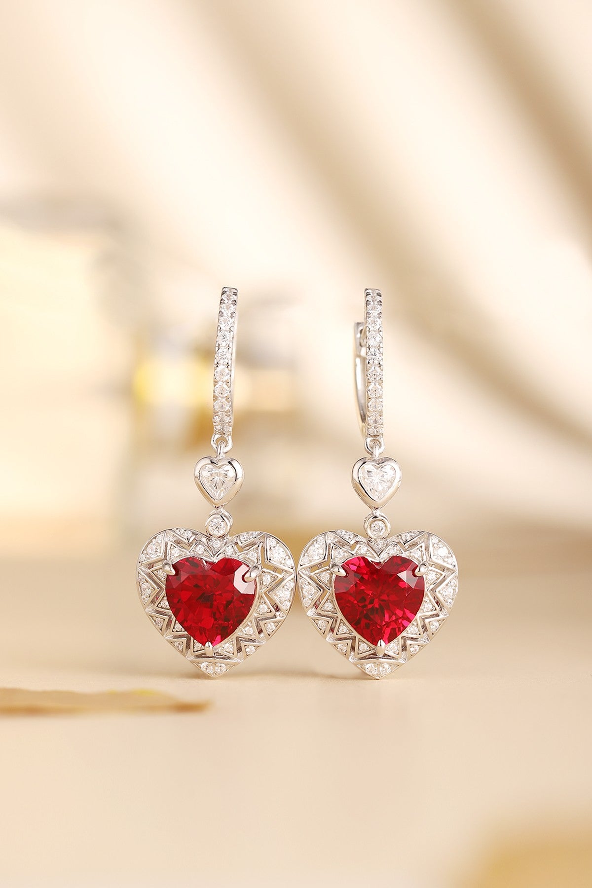 925 Silver Heart Earrings with Lab-Created Rubies and Zircons