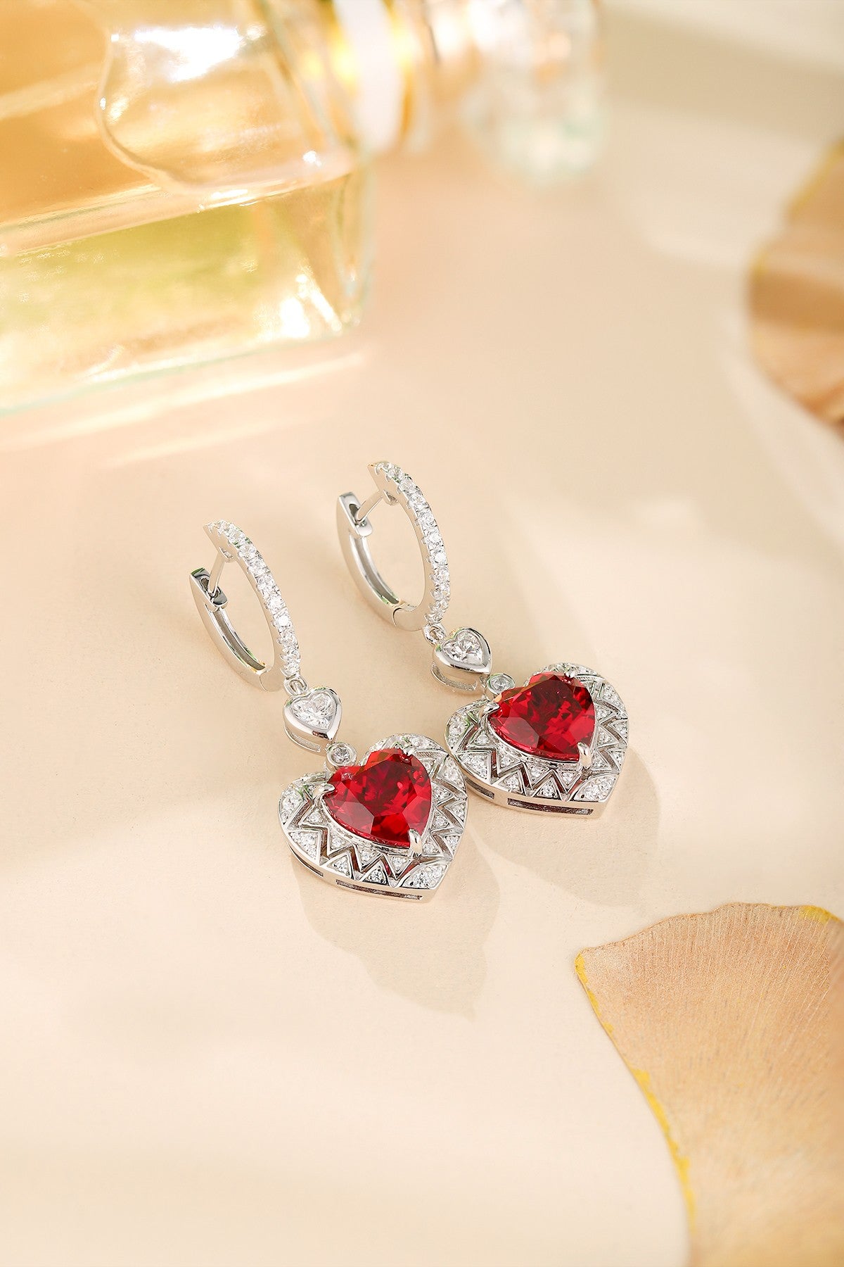 925 Silver Heart Earrings with Lab-Created Rubies and Zircons