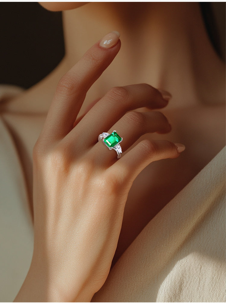 3ct Lab-Created Emerald 18k White Gold Three Stone Ring