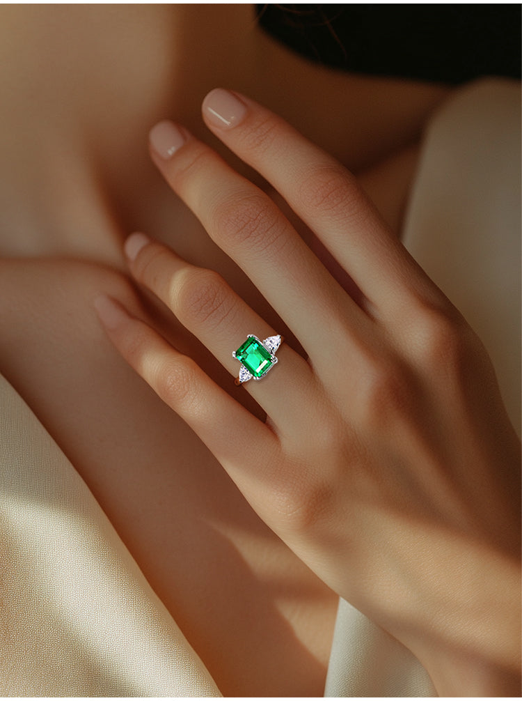 3ct Lab-Created Emerald 18k White Gold Three Stone Ring