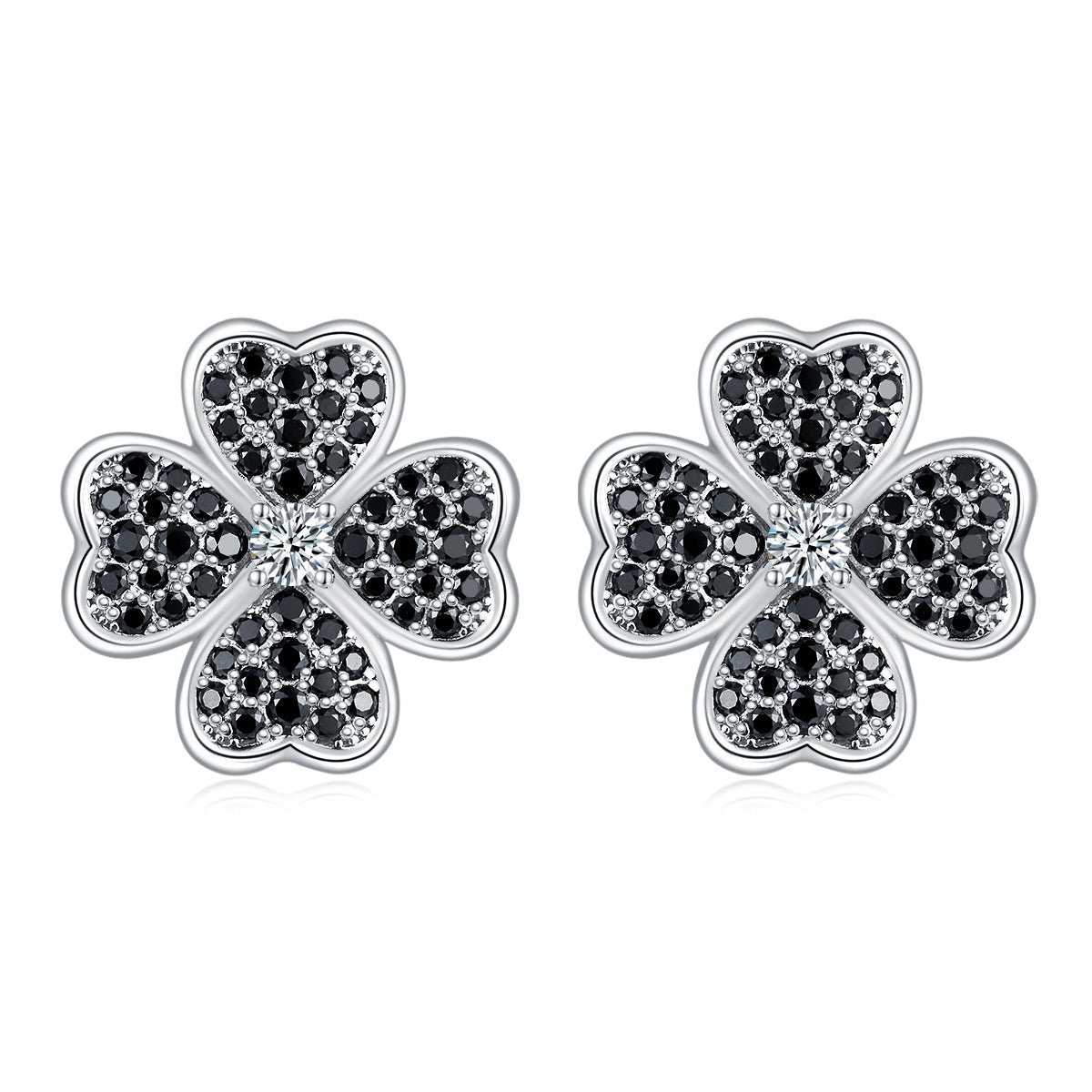 4-Leaf Clover 18k Gold-Coated 925 Silver Black Moissanite Earrings