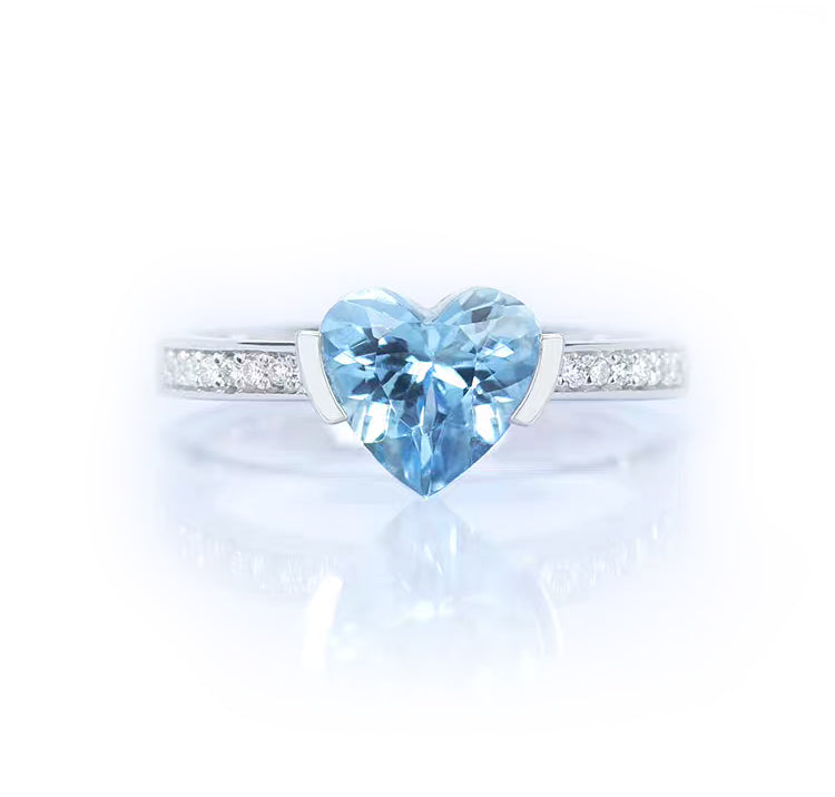 1ct Heart Natural Aquamarine White 18k Gold Ring with Diamonds