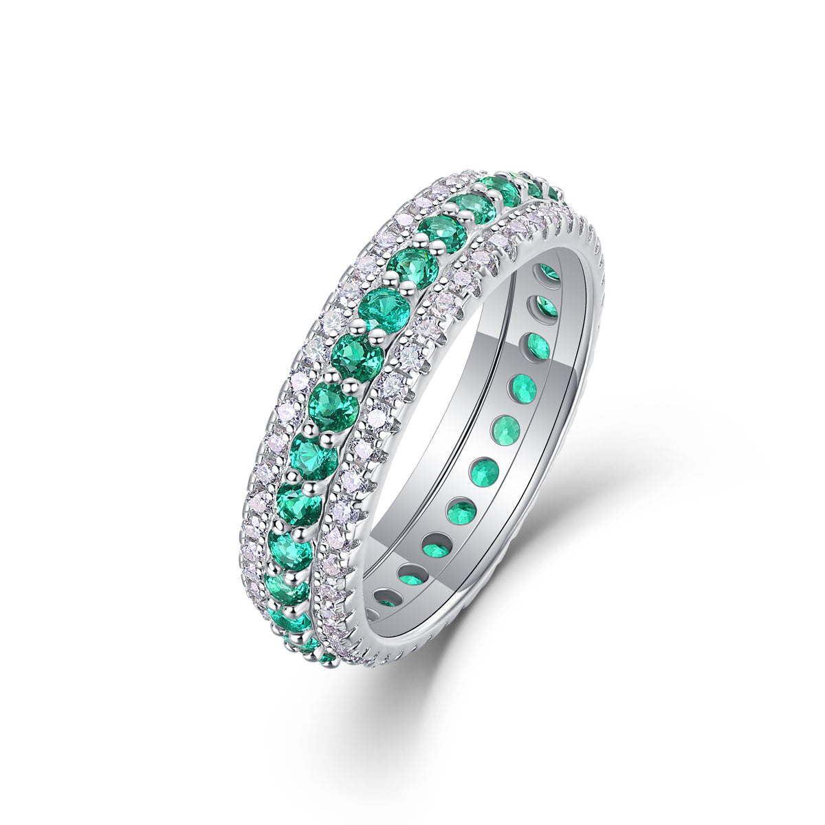 White 18k Gold-Covered 925 Silver Band Ring with Lab-Created Emeralds and Moissanites
