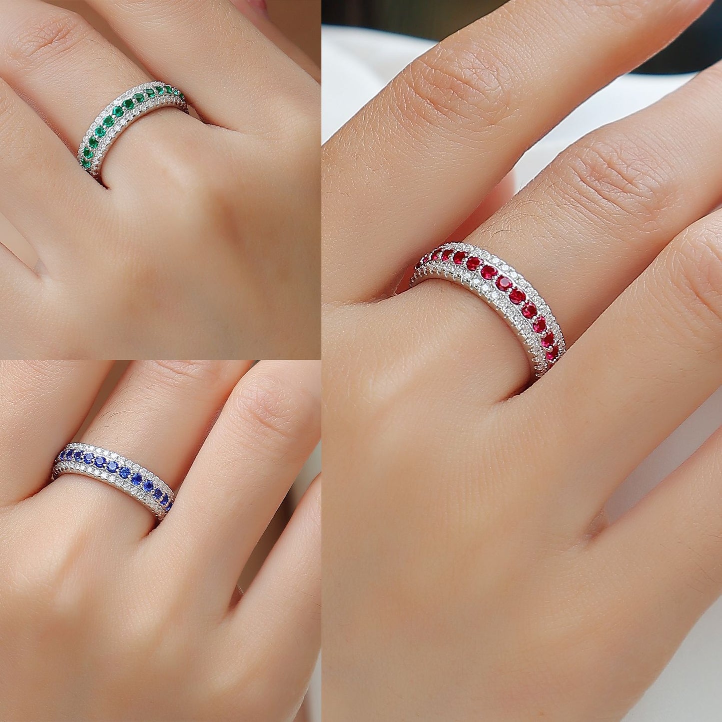 White 18k Gold-Covered 925 Silver Band Ring with Lab-Created Sapphires and Moissanites