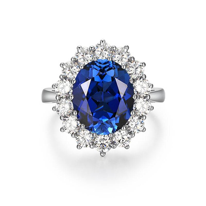 4ct Lab-Created Sapphire White 18k Gold Ring with Diamond Halo