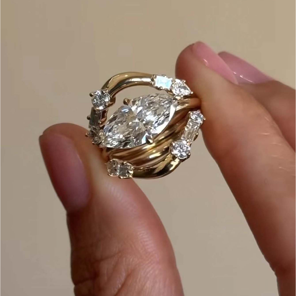 18k Gold-covered 925 Silver Triple Rings with 1ct Centre Moissanite