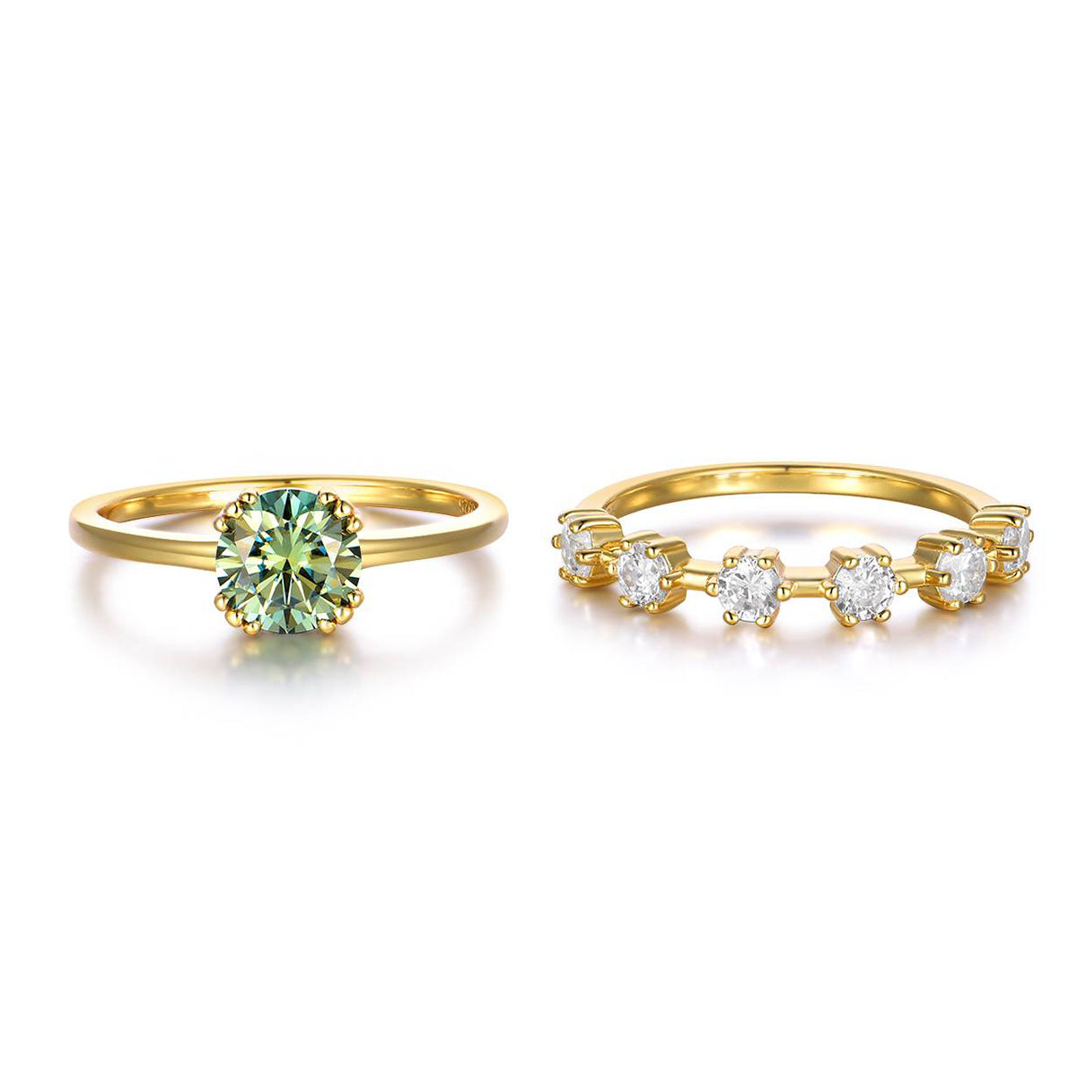 18k Gold-covered 925 Silver Paired Rings with 1ct Green Moissanite