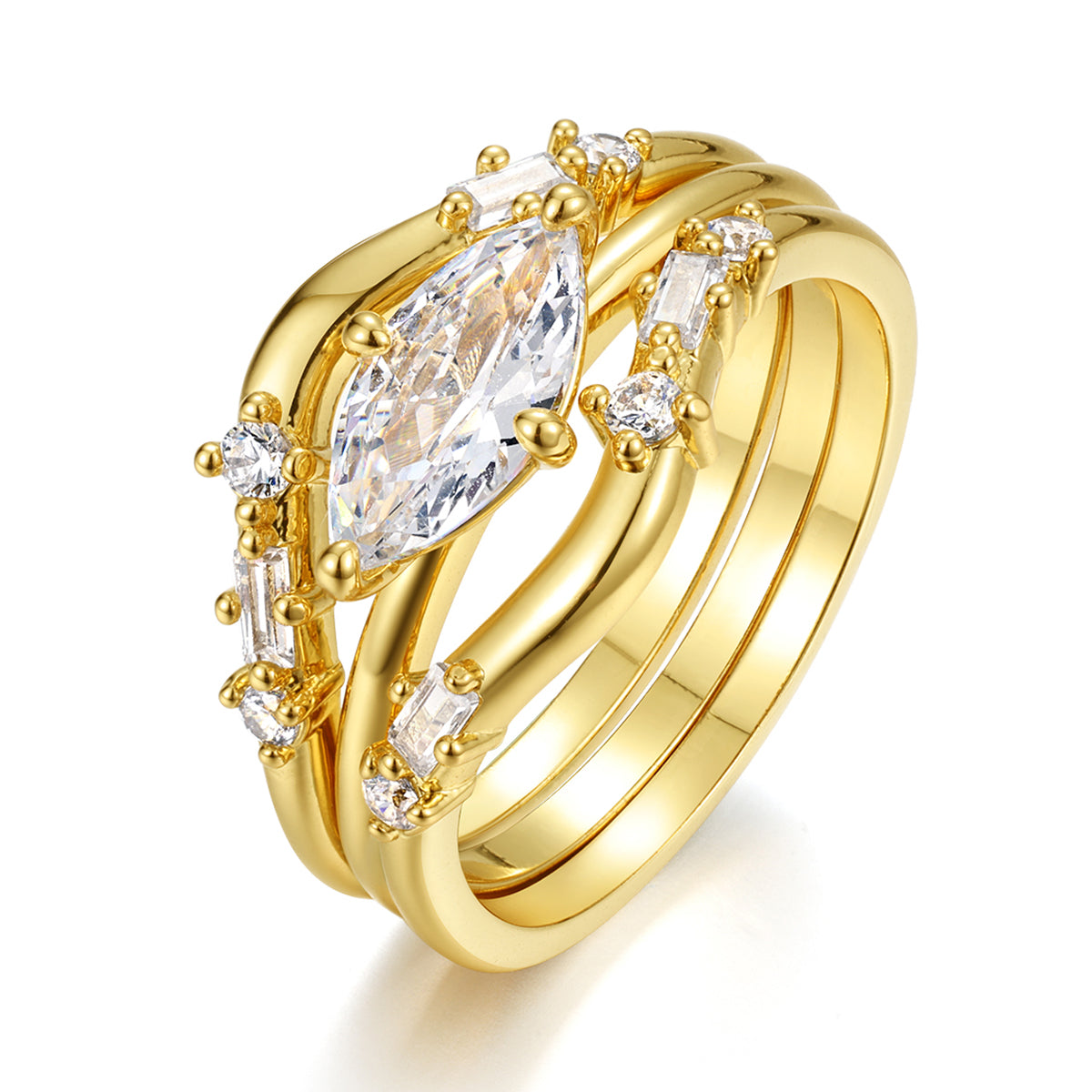 18k Gold-covered 925 Silver Triple Rings with 1ct Centre Moissanite