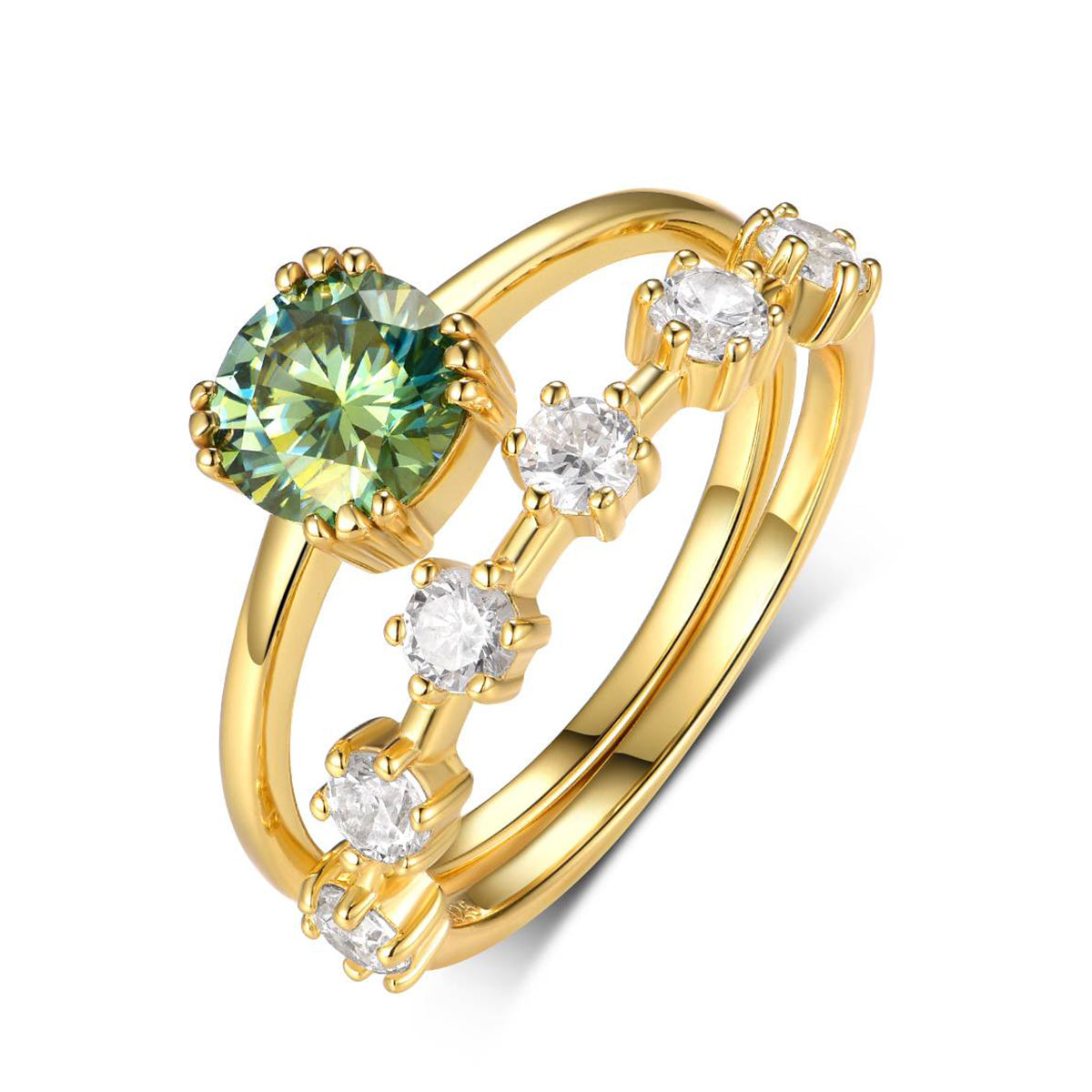 18k Gold-covered 925 Silver Paired Rings with 1ct Green Moissanite