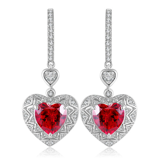 925 Silver Heart Earrings with Lab-Created Rubies and Zircons