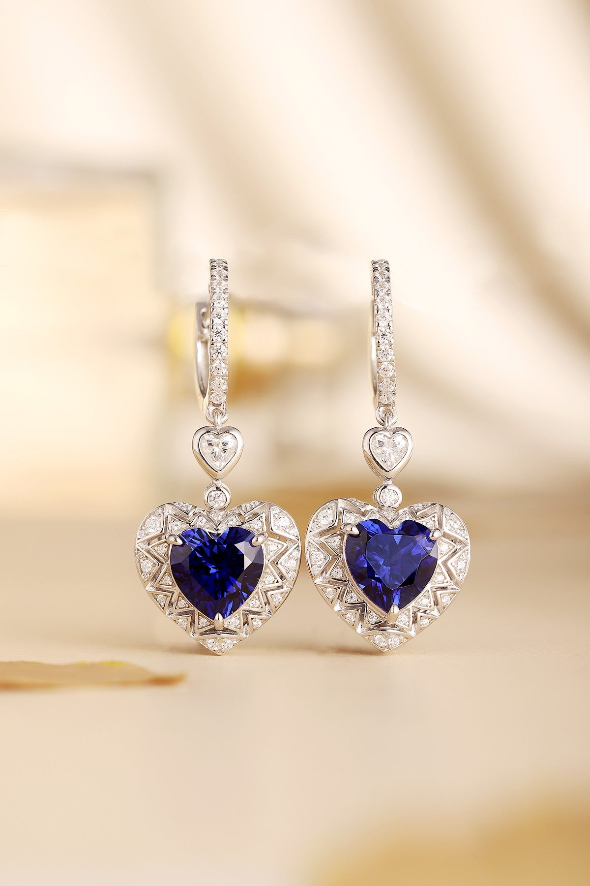 925 Silver Heart Earrings with Lab-Created Sapphires and Zircons