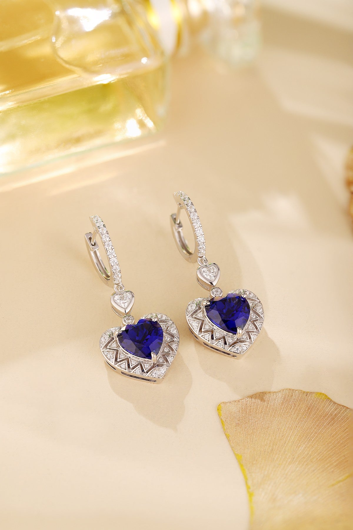 925 Silver Heart Earrings with Lab-Created Sapphires and Zircons