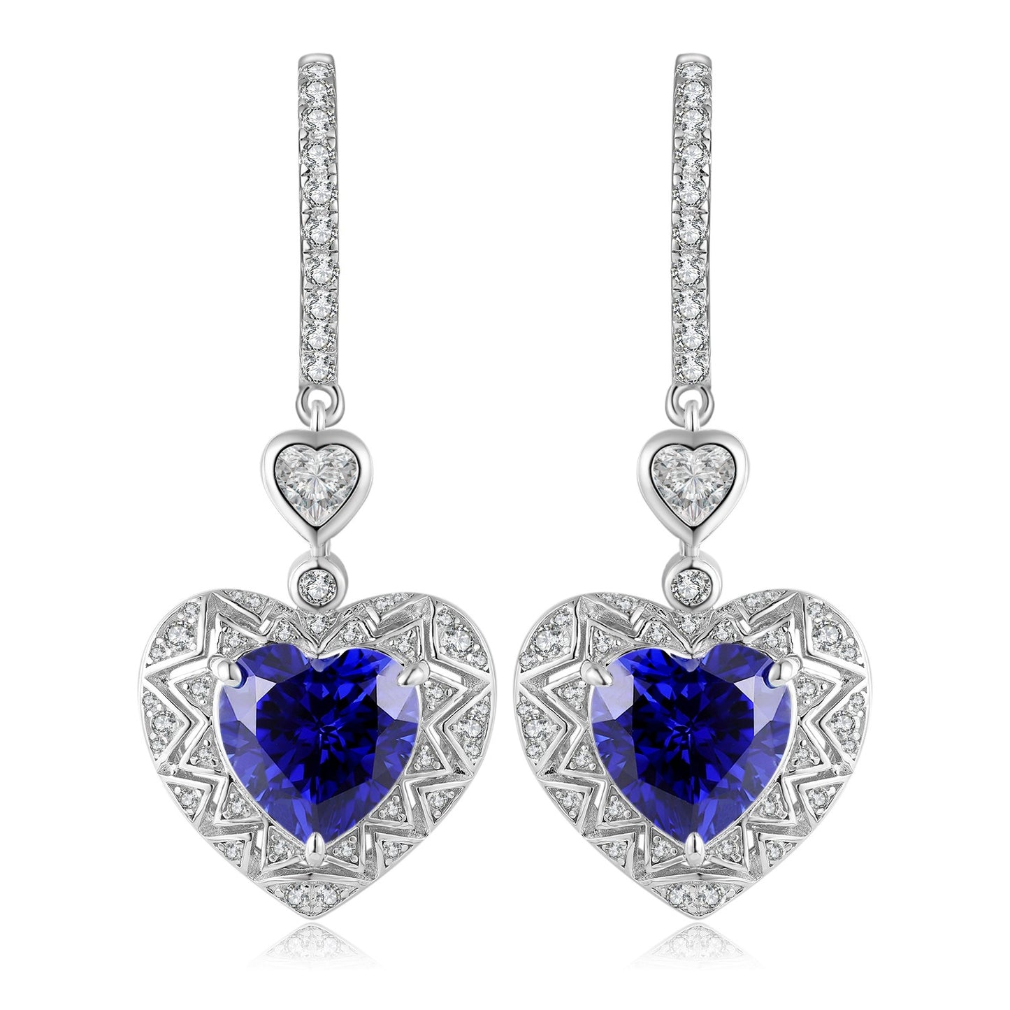 925 Silver Heart Earrings with Lab-Created Sapphires and Zircons