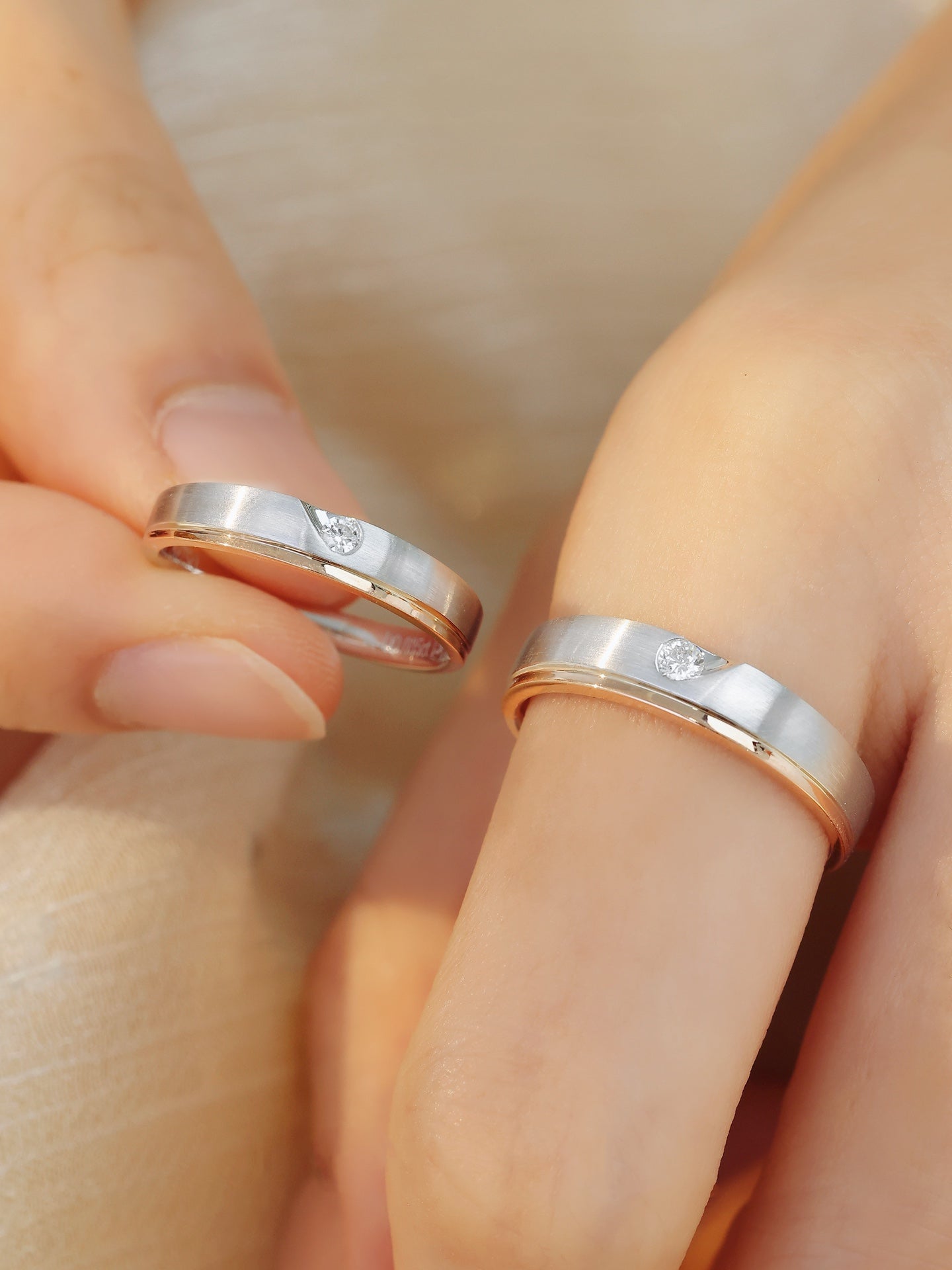 18k Gold Wedding Ring Pair with matching Heart and Diamonds