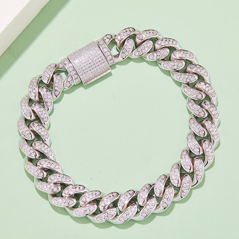 Masculine 925 Silver Chain Bracelet with Brilliant Moissanites