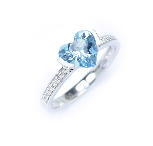 1ct Heart Natural Aquamarine White 18k Gold Ring with Diamonds