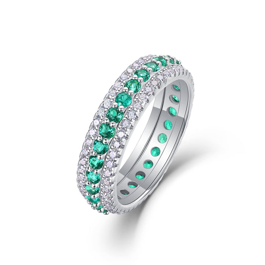 White 18k Gold-Covered 925 Silver Band Ring with Lab-Created Emeralds and Moissanites