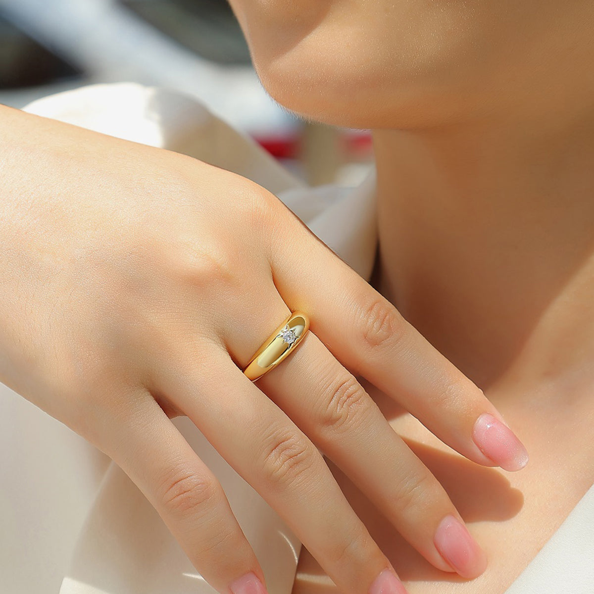 18k Gold-Covered 925 Silver Band Ring with Moissanite