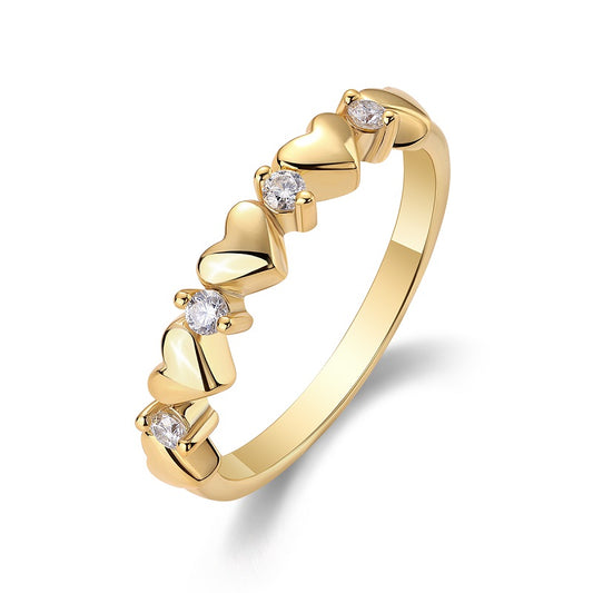 18k Gold-Covered 925 Silver Half-Band Hearts Ring with Moissanites