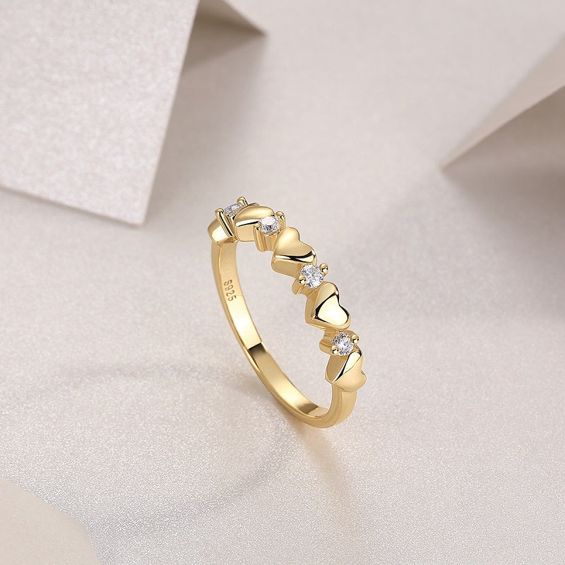 18k Gold-Covered 925 Silver Half-Band Hearts Ring with Moissanites