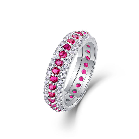 White 18k Gold-Covered 925 Silver Band Ring with Lab-Created Rubies and Moissanites