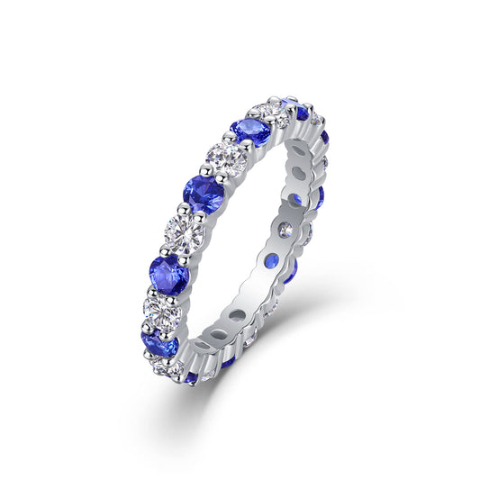 White 18k Gold-Covered 925 Silver Eternity Ring with Lab-Created Sapphires and Moissanites