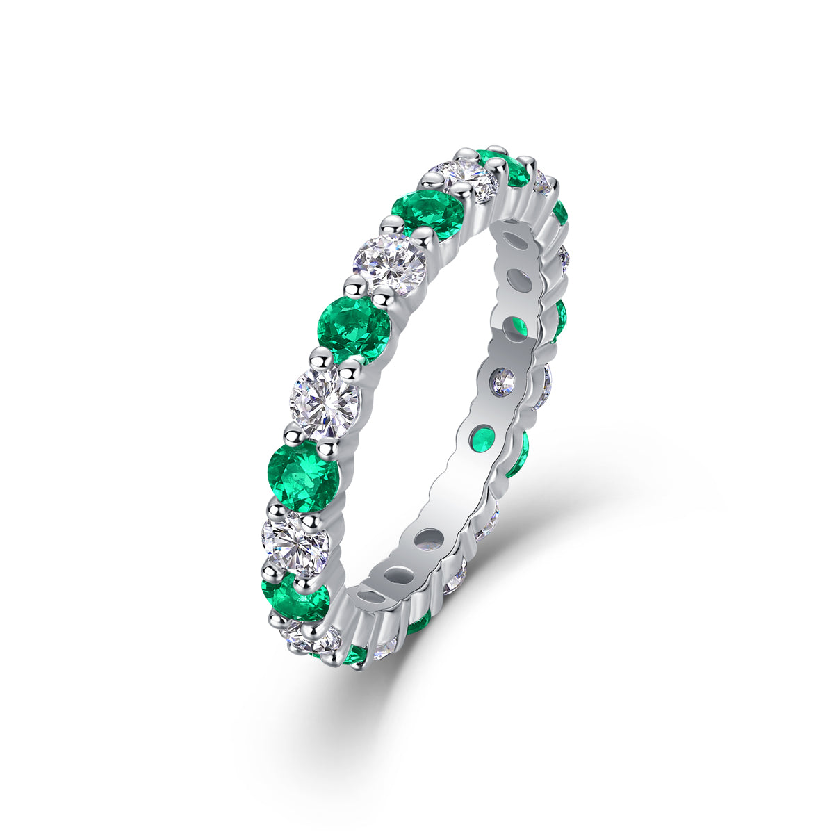 White 18k Gold-Covered 925 Silver Eternity Ring with Lab-Created Emeralds and Moissanites