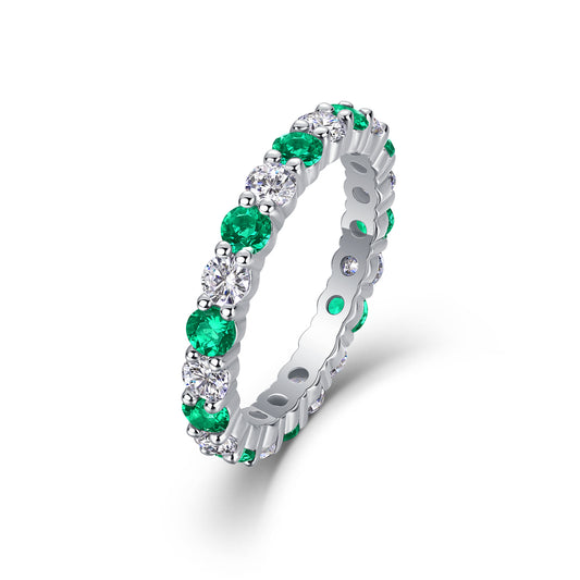 White 18k Gold-Covered 925 Silver Eternity Ring with Lab-Created Emeralds and Moissanites