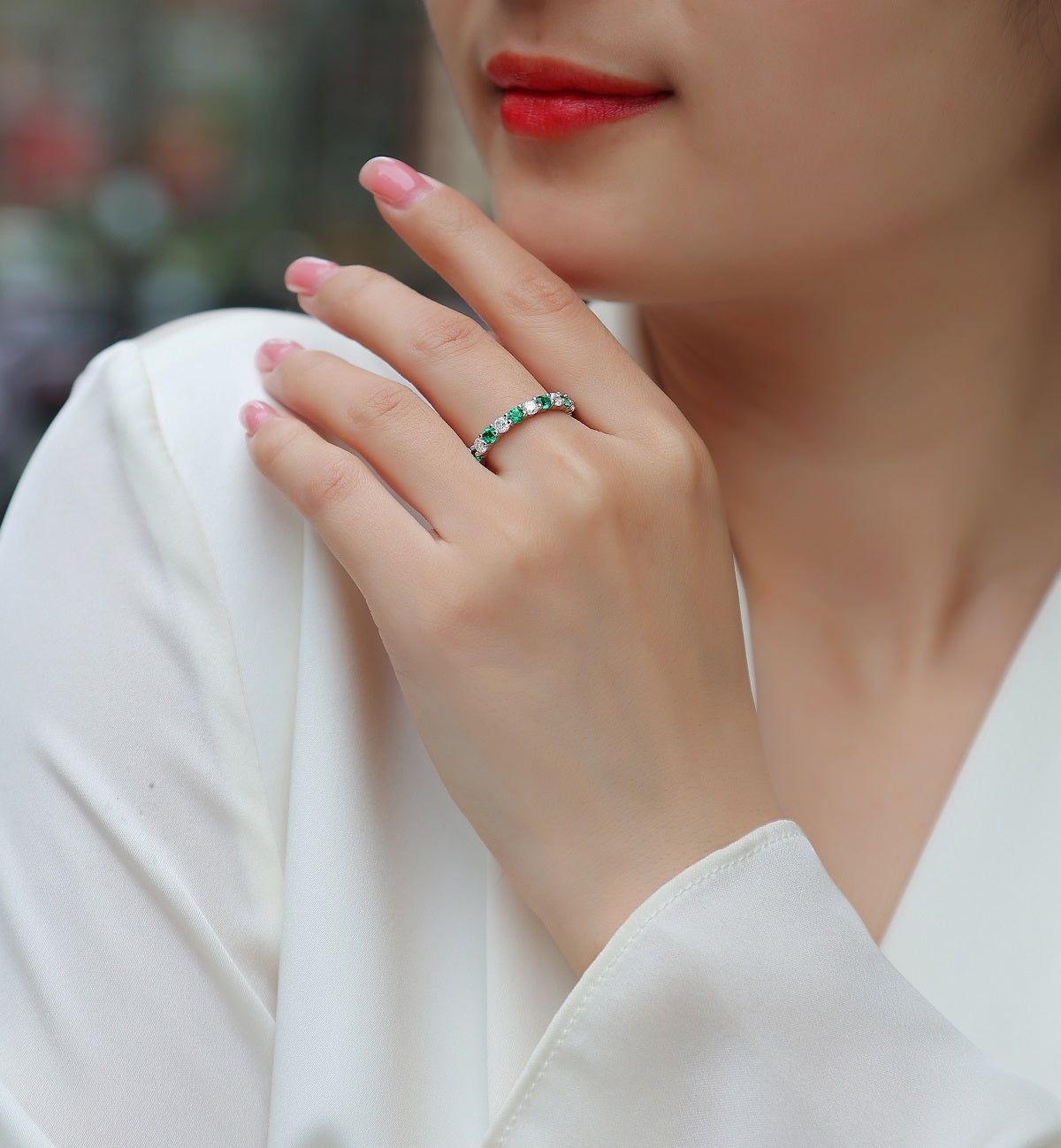 White 18k Gold-Covered 925 Silver Eternity Ring with Lab-Created Emeralds and Moissanites
