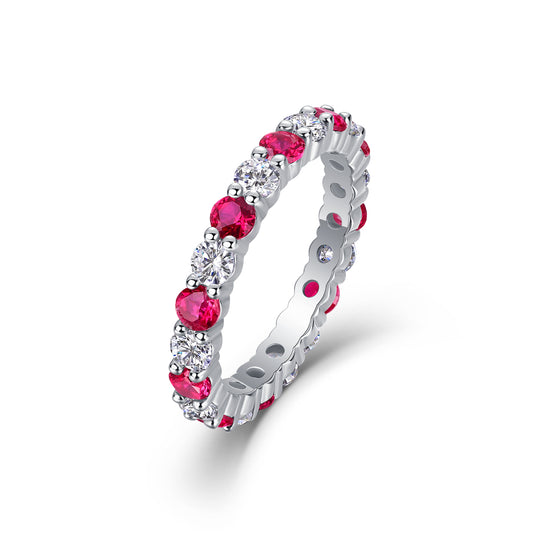 White 18k Gold-Covered 925 Silver Eternity Ring with Lab-Created Rubies and Moissanites