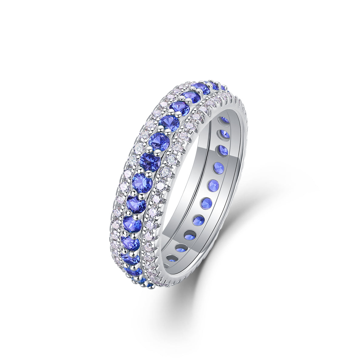 White 18k Gold-Covered 925 Silver Band Ring with Lab-Created Sapphires and Moissanites