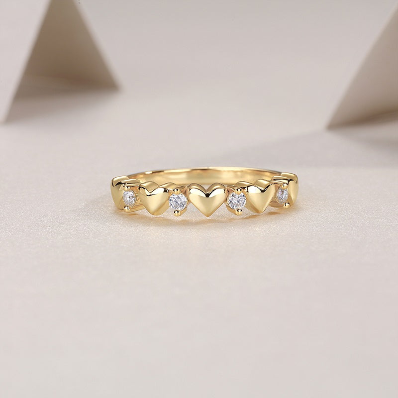 18k Gold-Covered 925 Silver Half-Band Hearts Ring with Moissanites