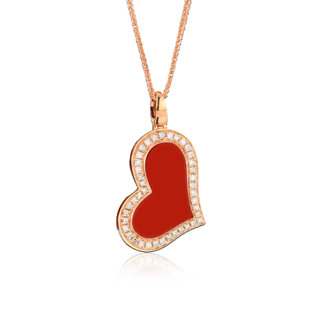 18k Gold Heart Necklace with Agate and Diamonds