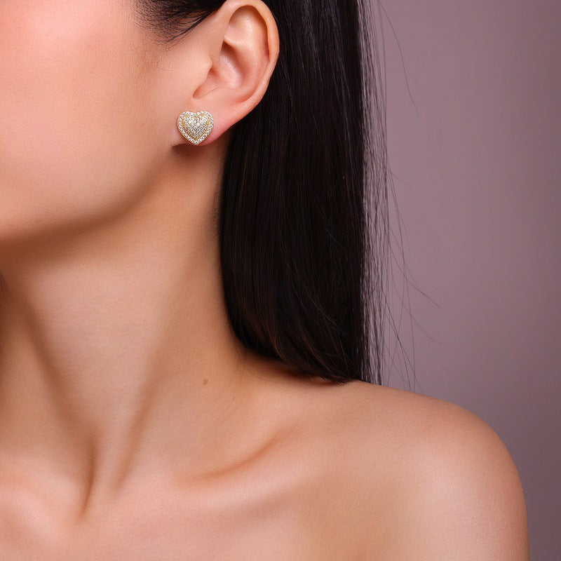 Moissanite encrusted Heart Earstuds in 18k Gold covered 925 Silver
