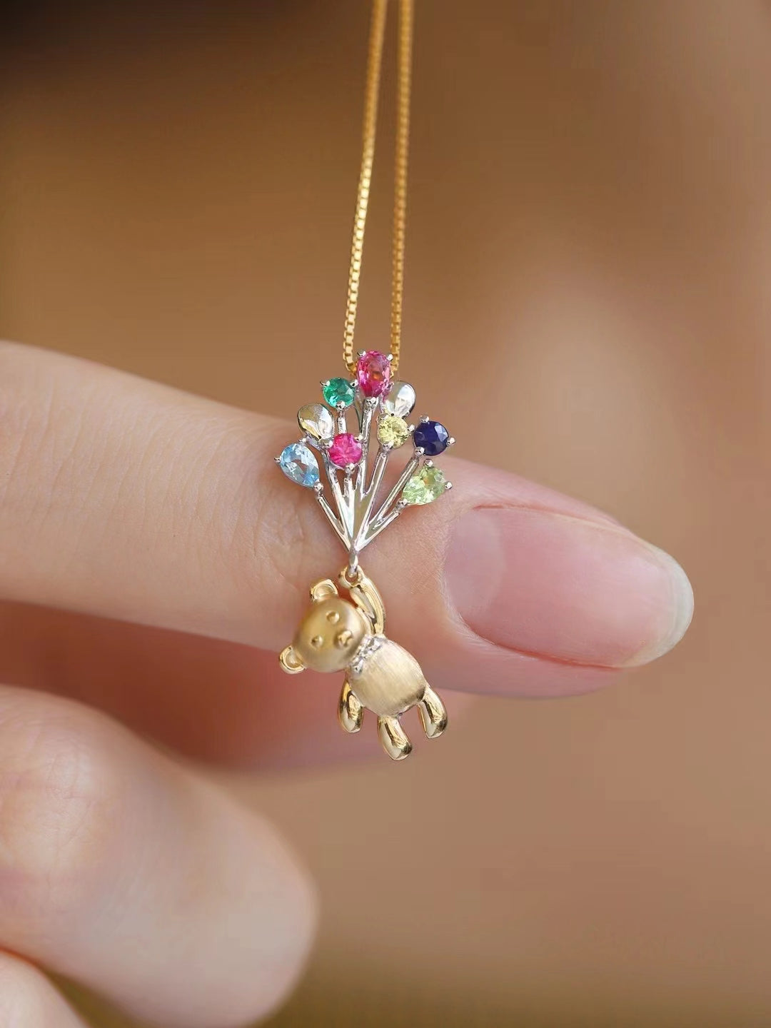 18k Gold Teddybear Pendant with Diamonds, Sapphires and Emeralds