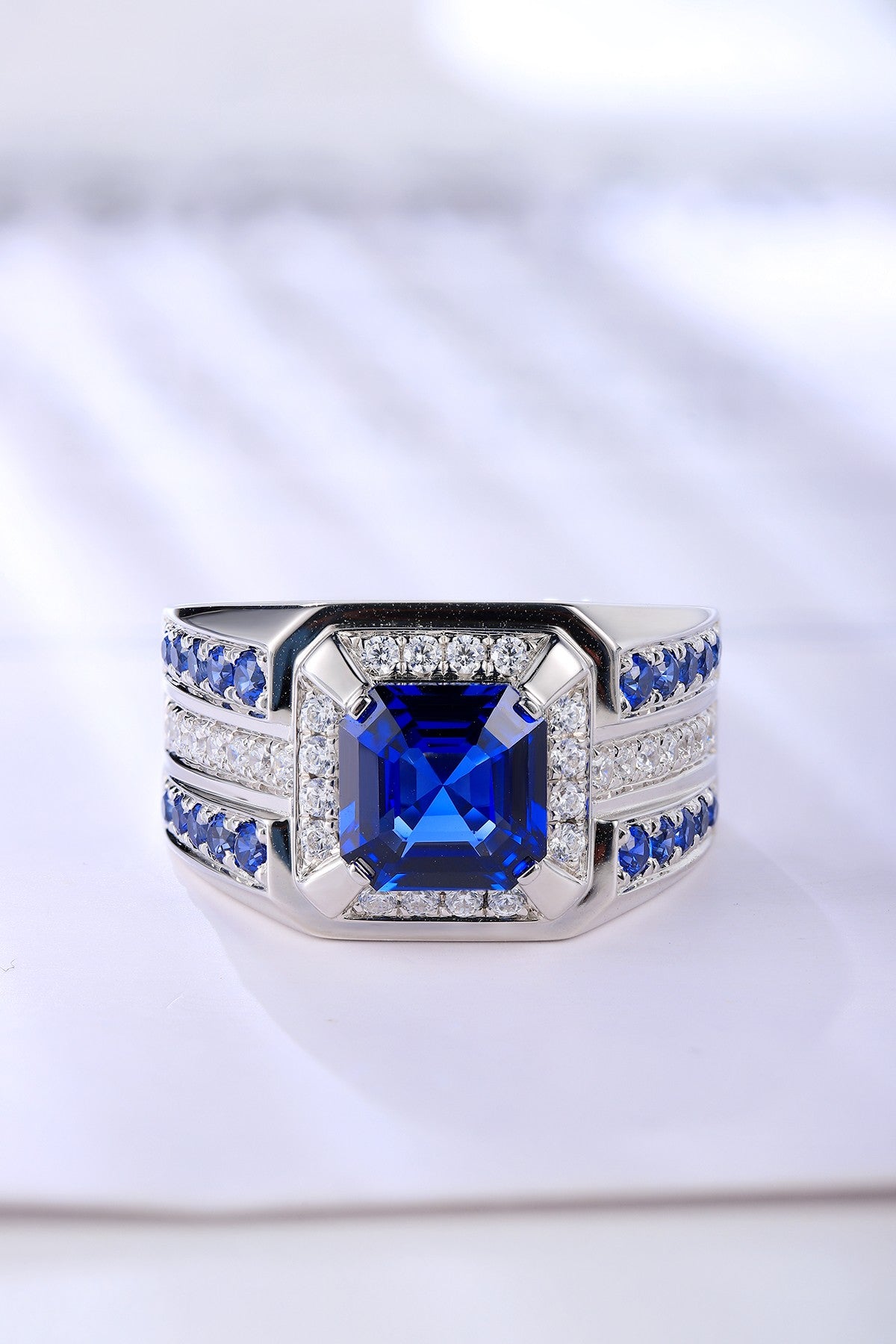 925 Silver Ring with Lab-Created Sapphires and Moissanites