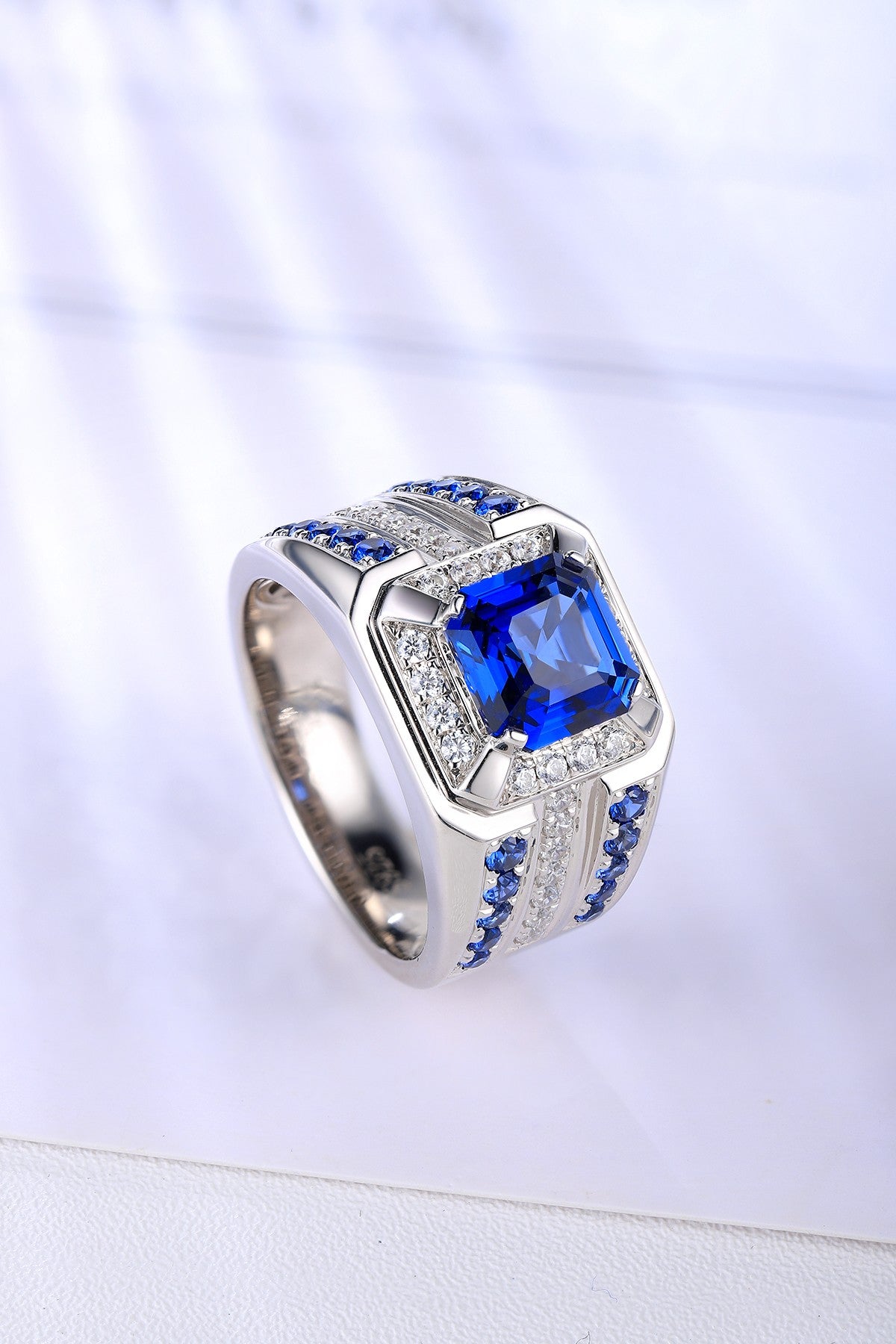 925 Silver Ring with Lab-Created Sapphires and Moissanites