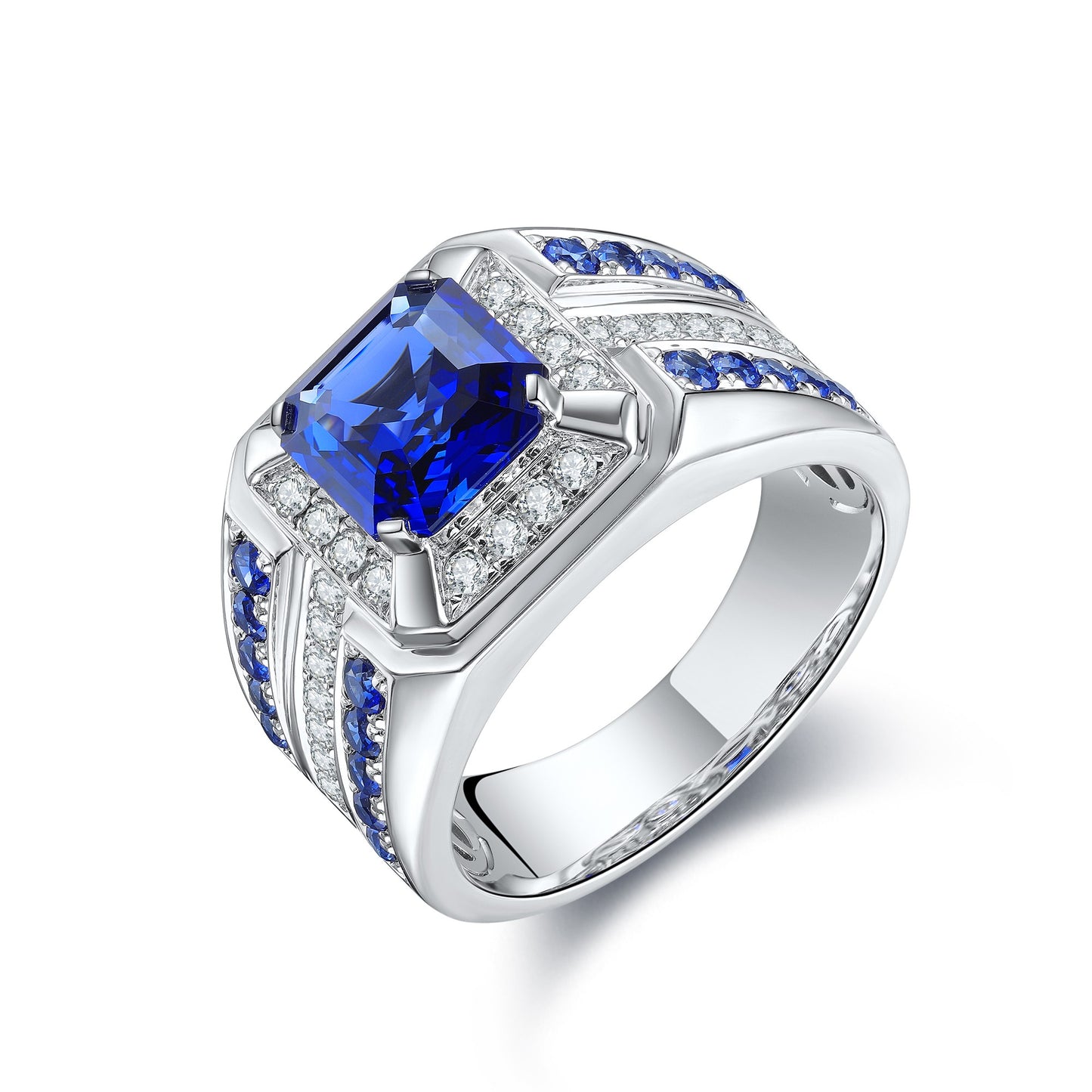 925 Silver Ring with Lab-Created Sapphires and Moissanites