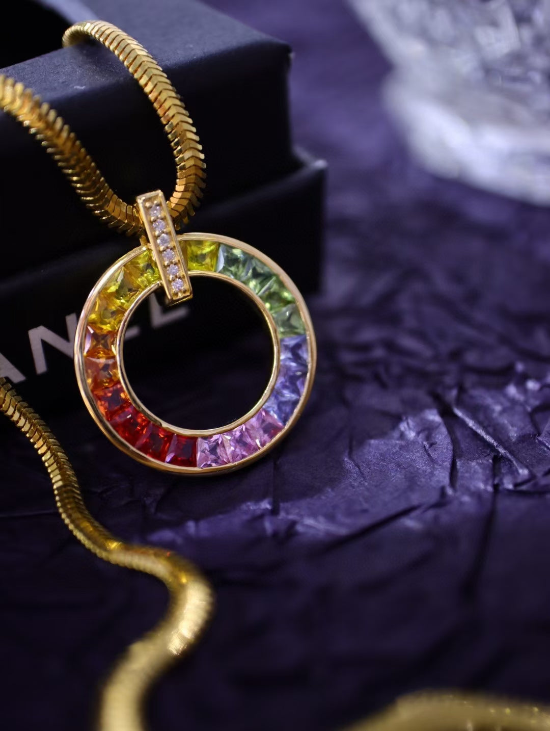 18k Circular Pendant with Multicoloured Lab-Created Sapphires