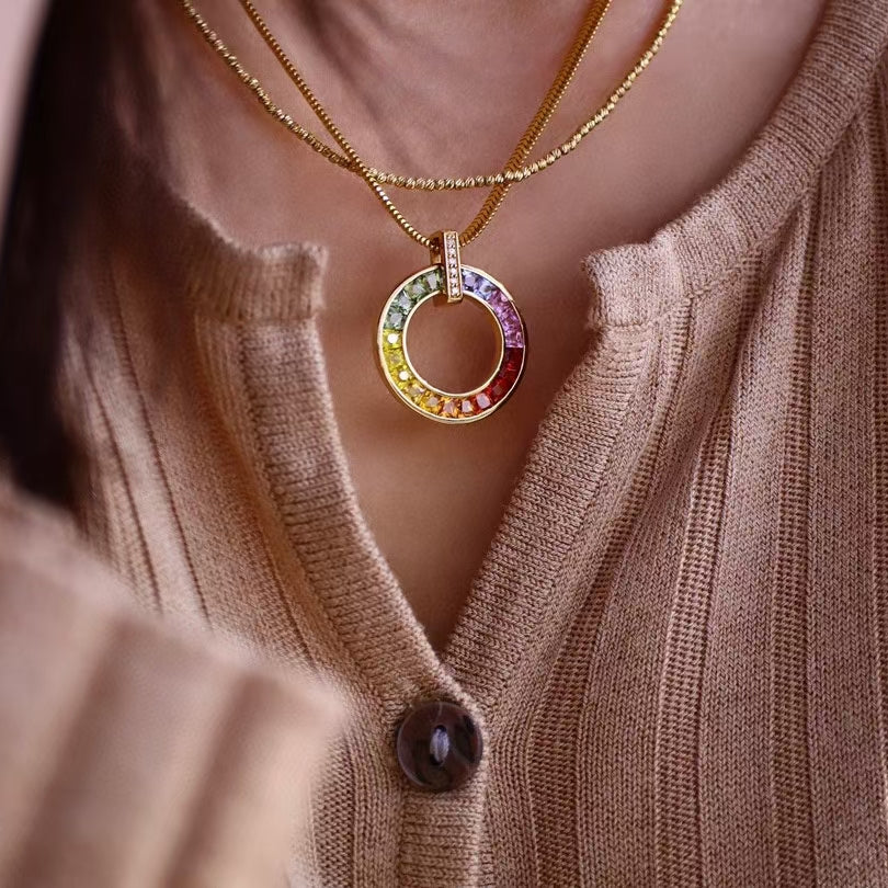 18k Circular Pendant with Multicoloured Lab-Created Sapphires