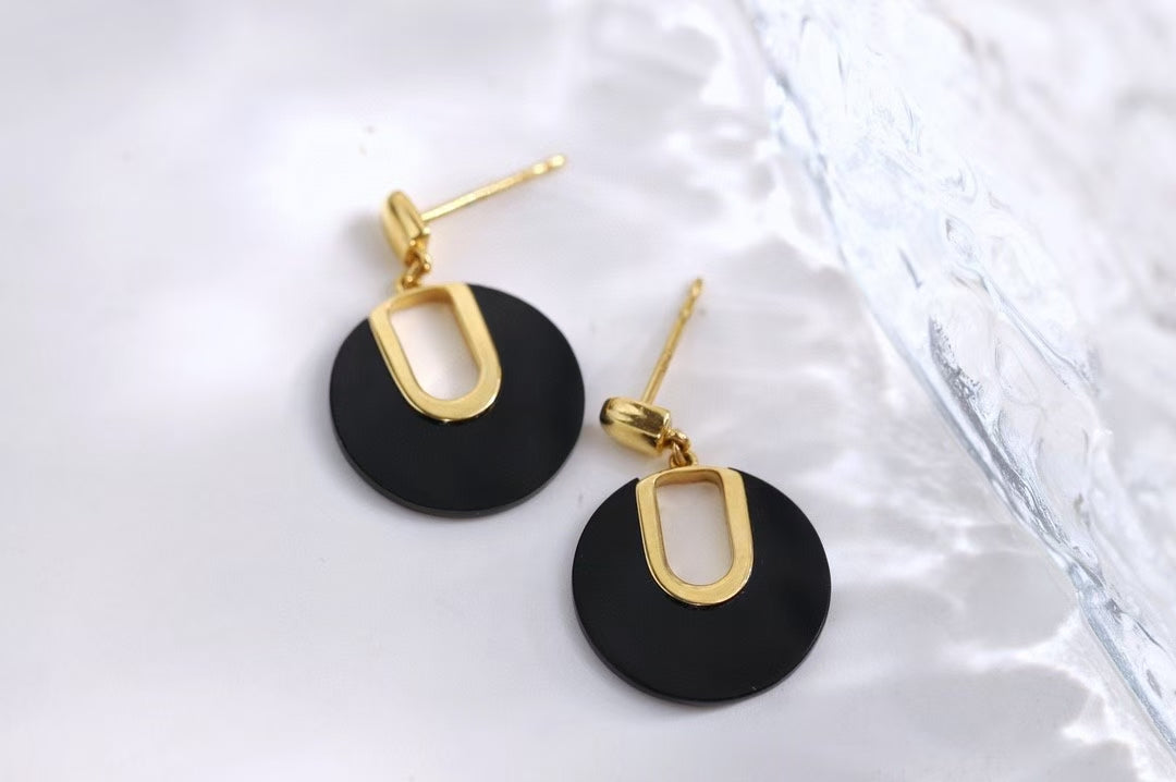 Black Agate 18k Gold Hoop Earrings