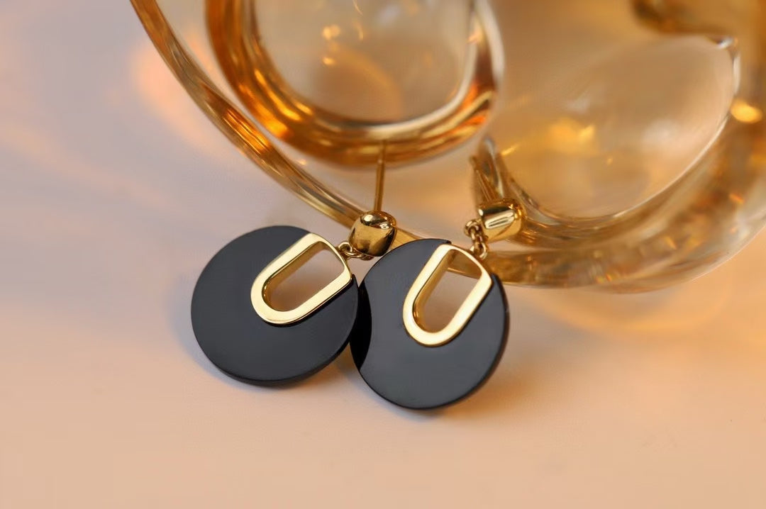 Black Agate 18k Gold Hoop Earrings